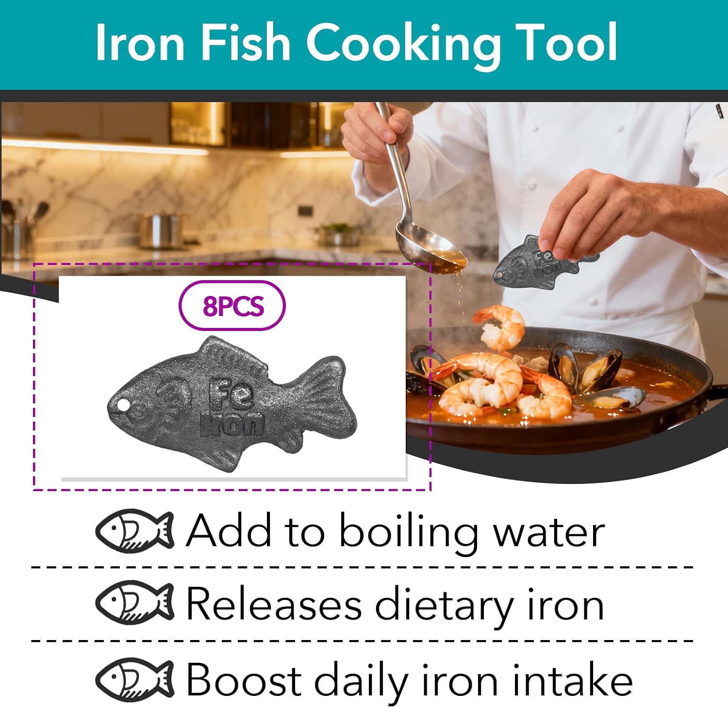 8 Pcs Iron Fish Cooking Tool, Reusable Cast Iron for Everyday Cooking | Cast Iron Design, Easy to Use, Easy to Clean, Long-Lasting Use, Suitable for Soups, Stews and Sauce