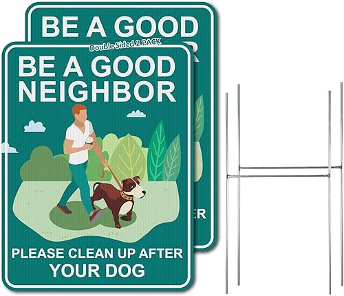 Paquete de 2 carteles de Clean Up After Your Dog de 12 x 9 pulgadas con estaca de metal, letreros de perro que no hicieron caca para patio,