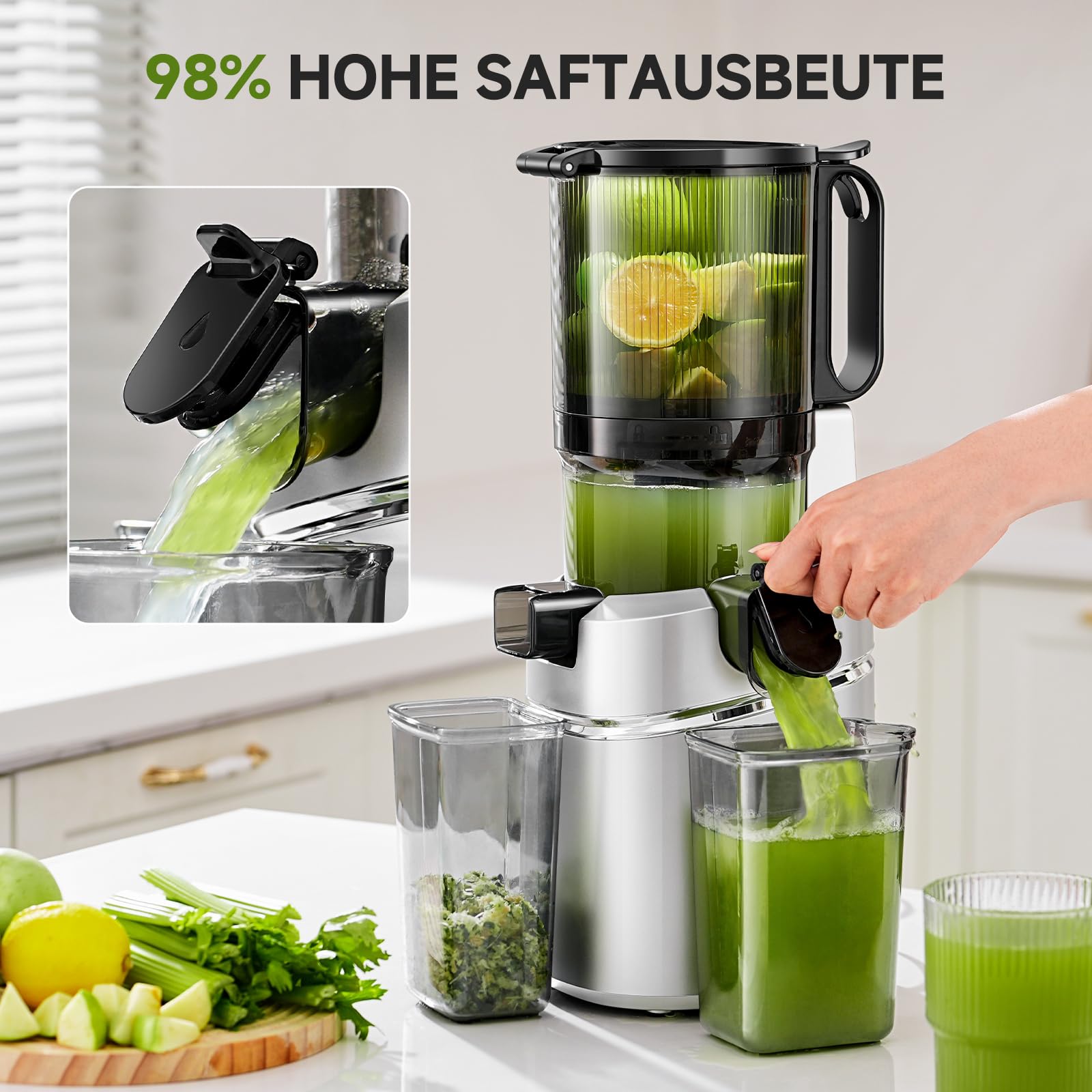 AMZCHEF 250W Automatischer All-In-One Entsafter, 145MM Öffnung und 1,8L entsafter für Gemüse und Obst, Kaltpresse Slow Juicer Testsieger mit Dreifachem Filter - Silber