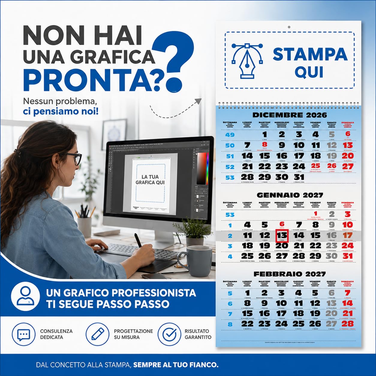 Calendari Personalizzati 2027 in Stock da 50 Pezzi Olandese Trittico Maxi 31x69 cm per Gadget Pubblicitari di Fine Anno e come Omaggio per i Clienti o Regali Aziendali | PA508
