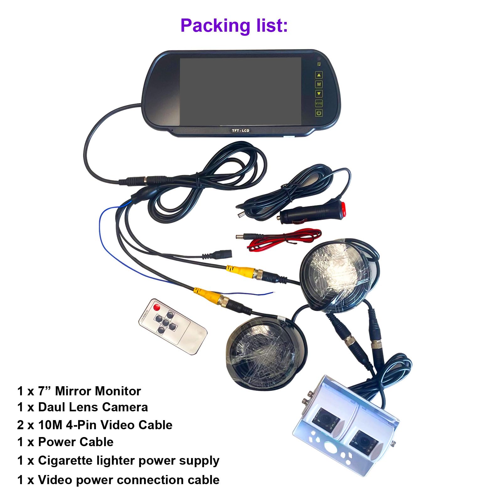 4PIN White Dual Lens RVs Reversing Camera with 7 inch Rear View Mirror Monitor, Night Vision Waterproof Reverse Backup Camera for Motorhome Truck Caravan 12V-24V