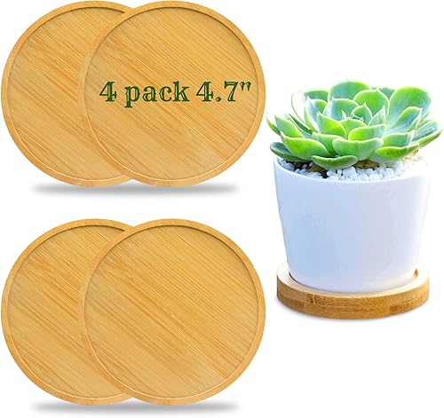 4 bandejas de goteo de bambú para plantas, macetas redondas, para interiores, planta, palet, suculentas, cactus (4.7 pulgadas)