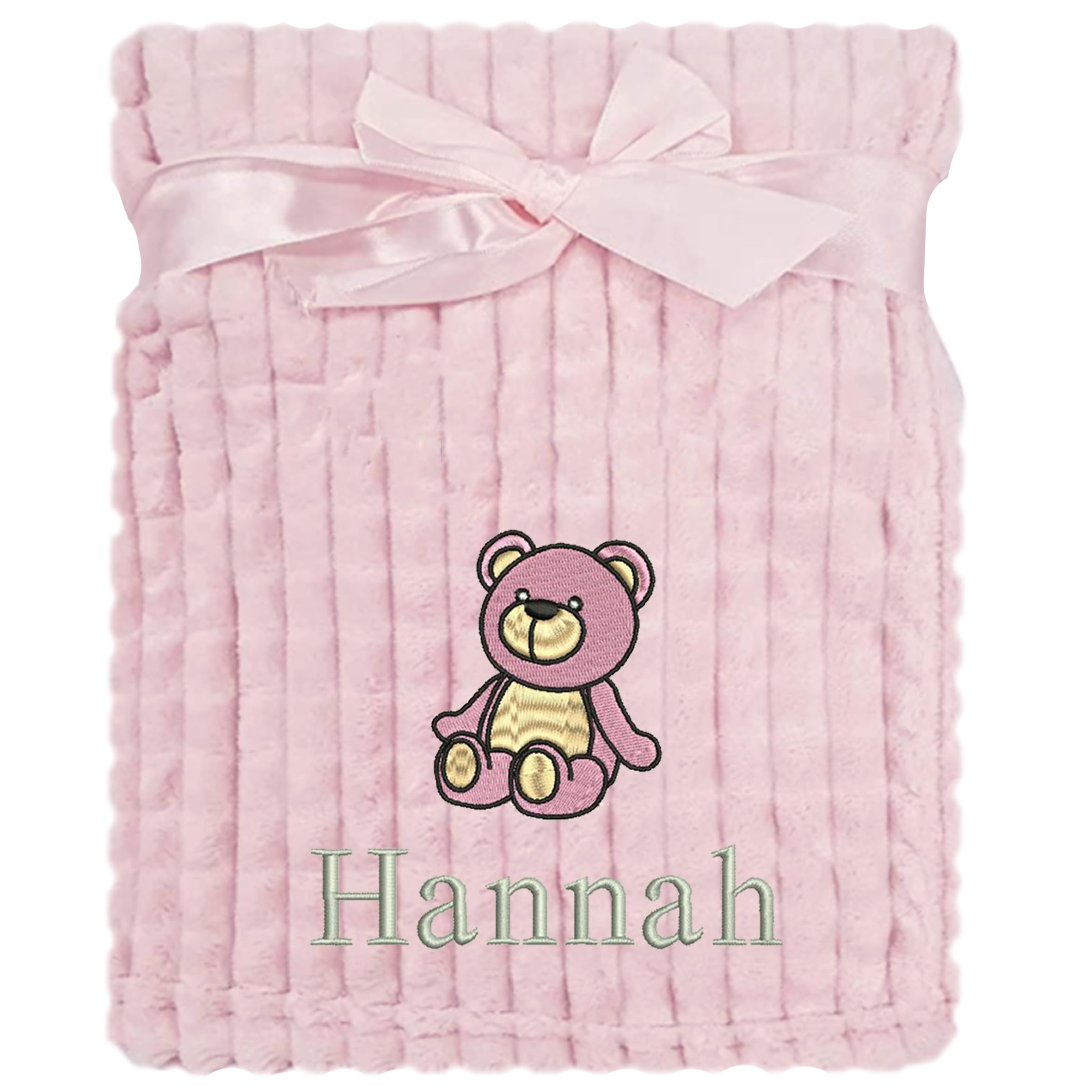 Personalised Baby Blanket Embroidered Bear & Name Soft Fleece Wrap (Pink Bear Pink Squares)