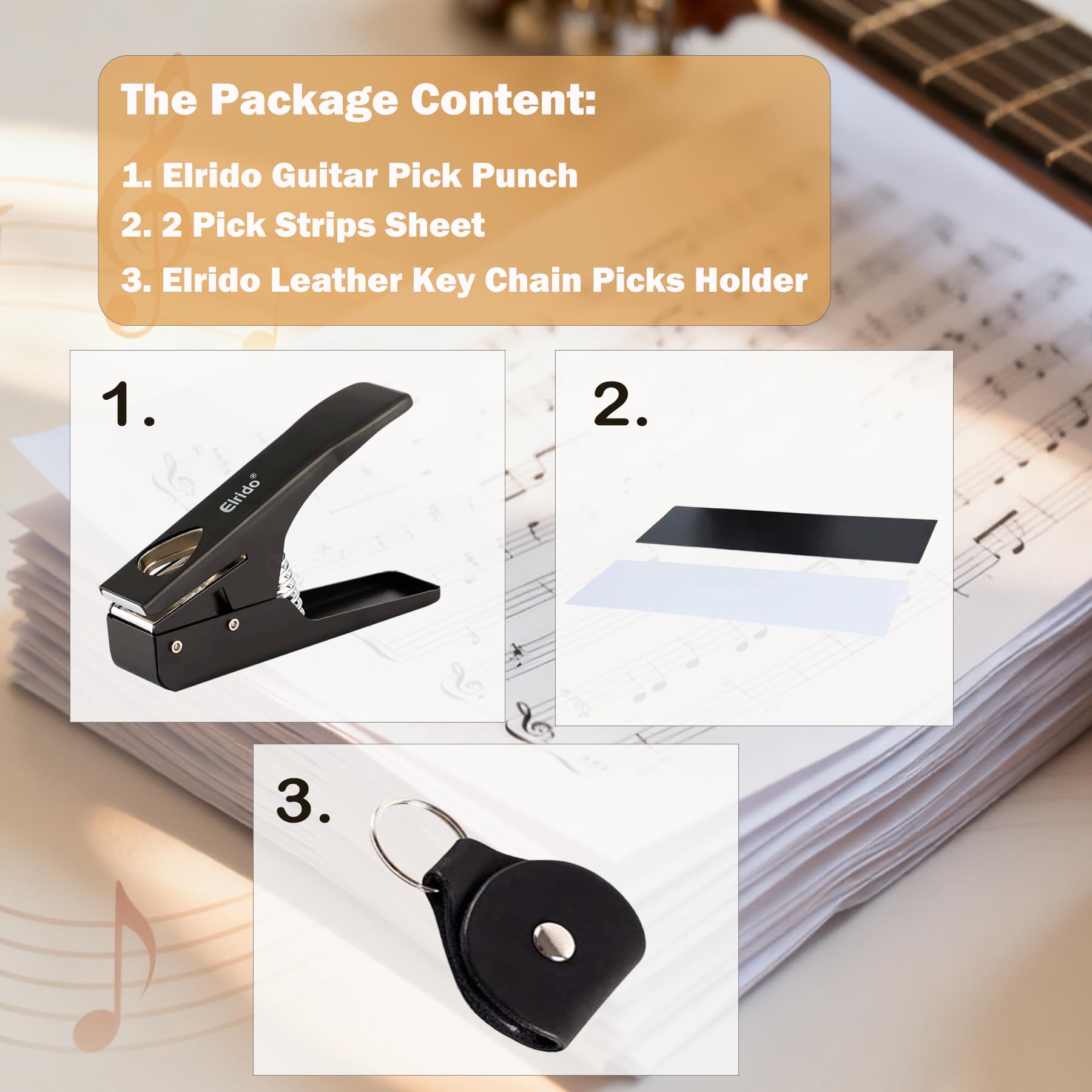 Elrido DIY púas de guitarra para hacer tus púas de guitarra infinitas, con 2 tiras de púas y soporte de púas de cuero – Kit de herramientas de púas de guitarra cortador de púas