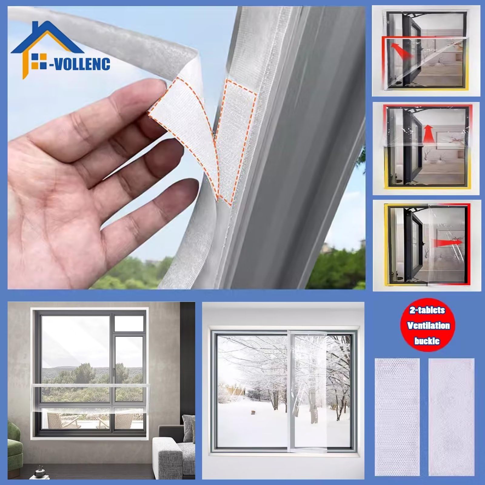 Kit de aislamiento para ventanas, plástico para ventanas, cubierta para ventanas para el invierno, Fácil instalación con cinta autoadhesiva de gancho y bucle de 135x195cm, Blanco