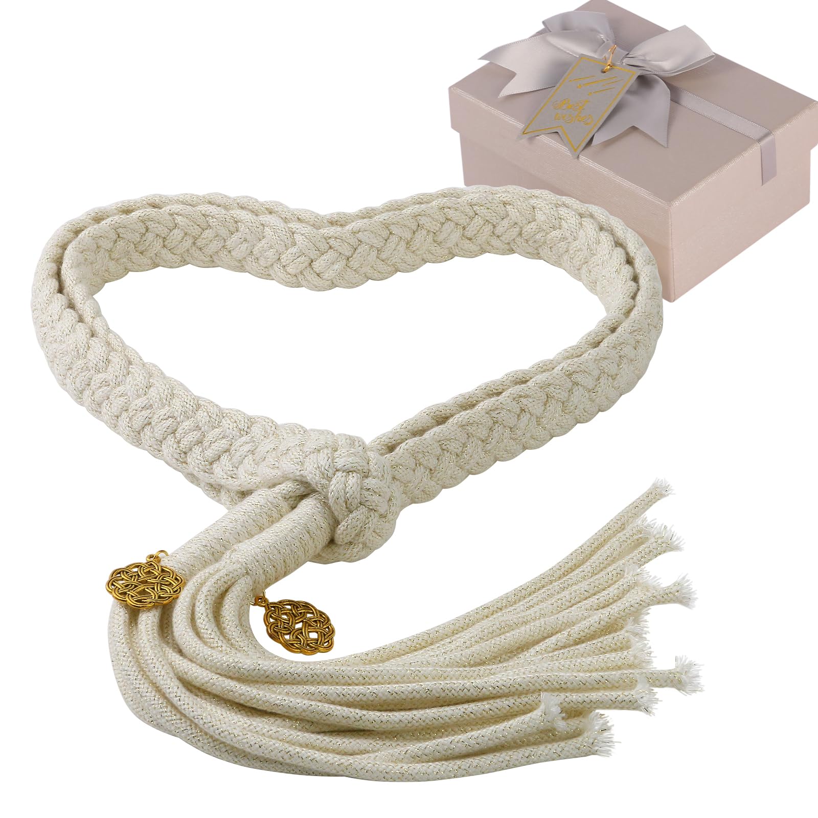 Handfasting Cord for Wedding Celtic Rustic Wedding Rope Cord with Pendants Traditional Wedding Lasso for Ceremony Catholic with Gold Thread (Ivory White) (Ivory White)