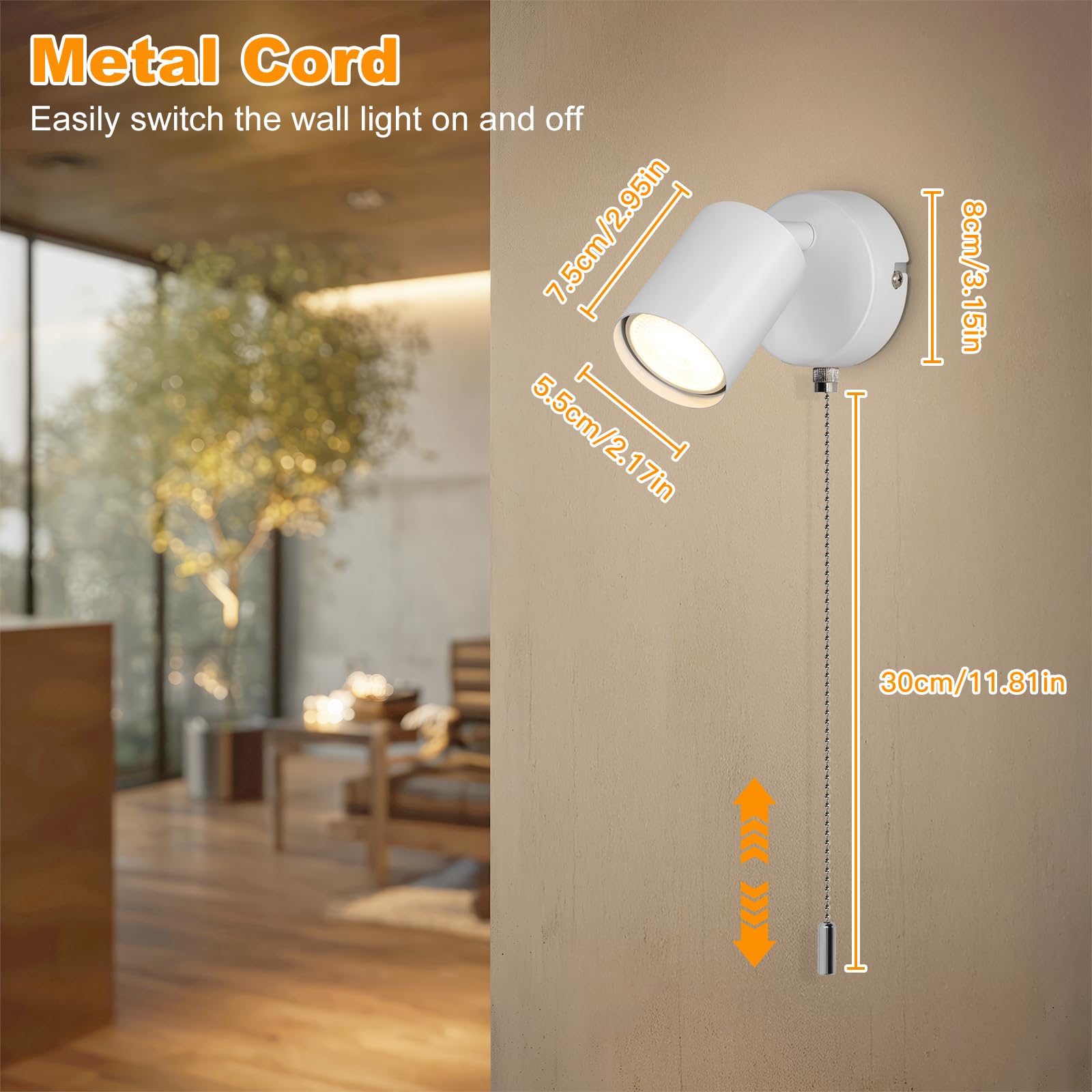Ketom Adjustable Wall Light with Pull Cord Switch, GU10 Modern Wall Sconce Lights White, Wall Spotlight Fixtures - Image 4