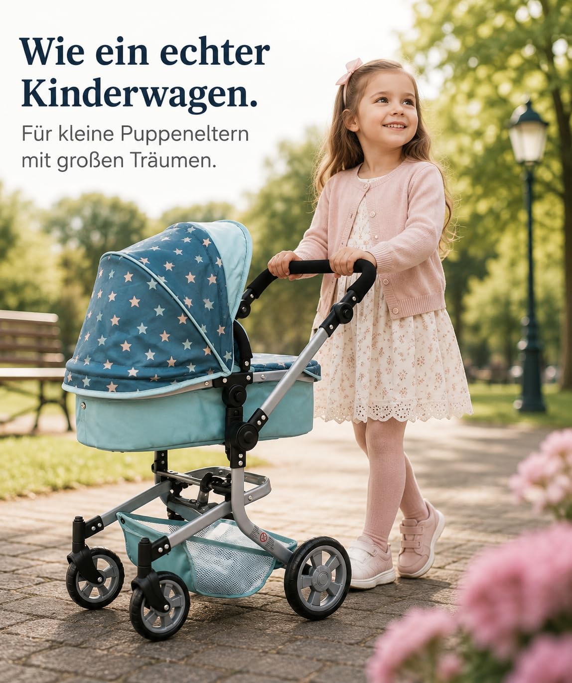 Bayer Chic 2000® 2in1 Puppenwagen Mika – Sternchen türkis – faltbar – höhenverstellbarer Griff 47-80 cm – modernes Gestell – Puppen bis 52 cm – 4-8 J, Flowers | Mit Schwenkschieber, umsetzbarem Aufsatz und schwenkbaren Vorderrädern – für Puppen bis 52 cm