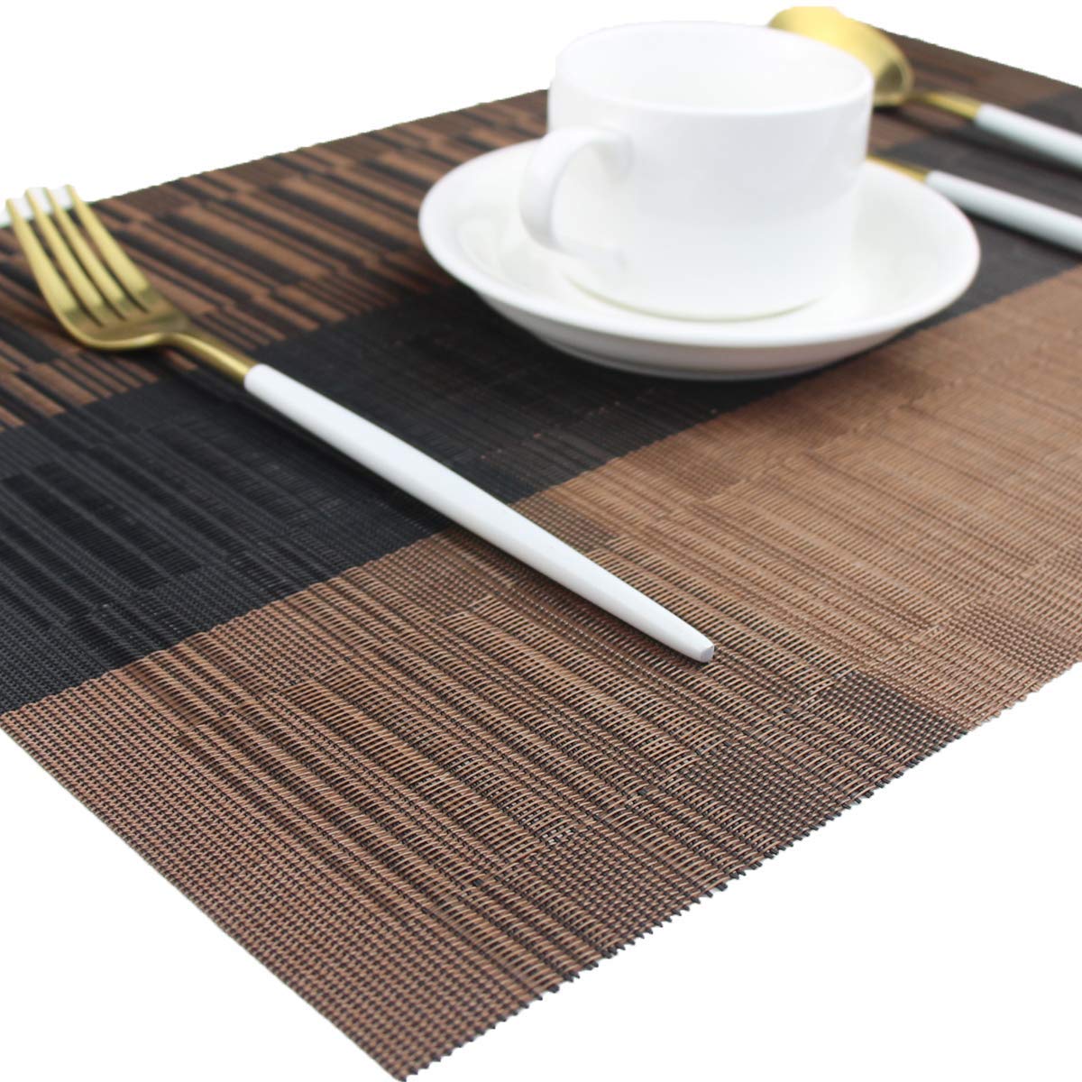 Feinerman 6 Pcs Washable PVC Woven Table Mats for Dining & Kitchen Tables, Heat-Resistant Stain-Resistant Anti-Skid Placemats, Non-Slip Vinyl Dinner Mats for Home & Restaurant (Brown & Black) 3