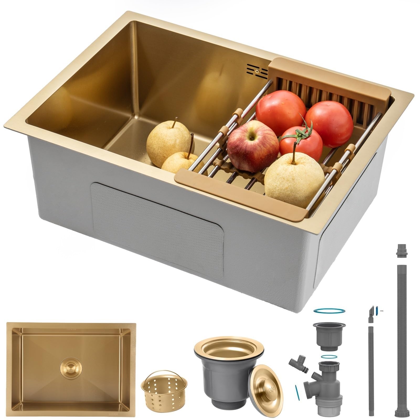 ZQFHSX Stainless Steel Kitchen Sink,Small Sink, Undermount Single Bowl Outdoor Campervan Essential with Silencer Pad, Drainer Fittings, Drop in Flushmount Or Topmount Installation, Gold(60x40cm)