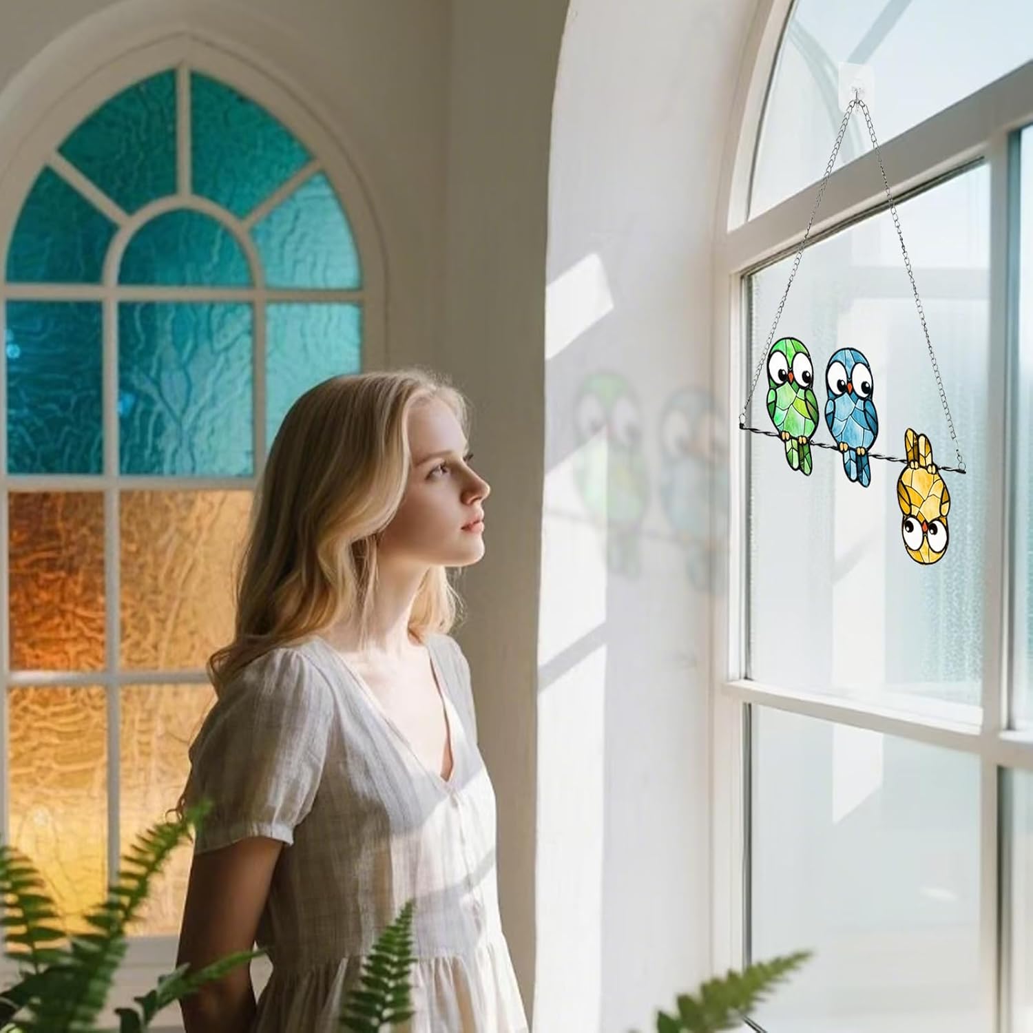 Stained Glass Window Hanging Multicolor Owls Ornaments - Handmade Stained Glass Suncatchers Hanging Outdoor Garden Decor - Decoration for Home Garden Christmas Party Wedding Housewarming Gifts - Image 7