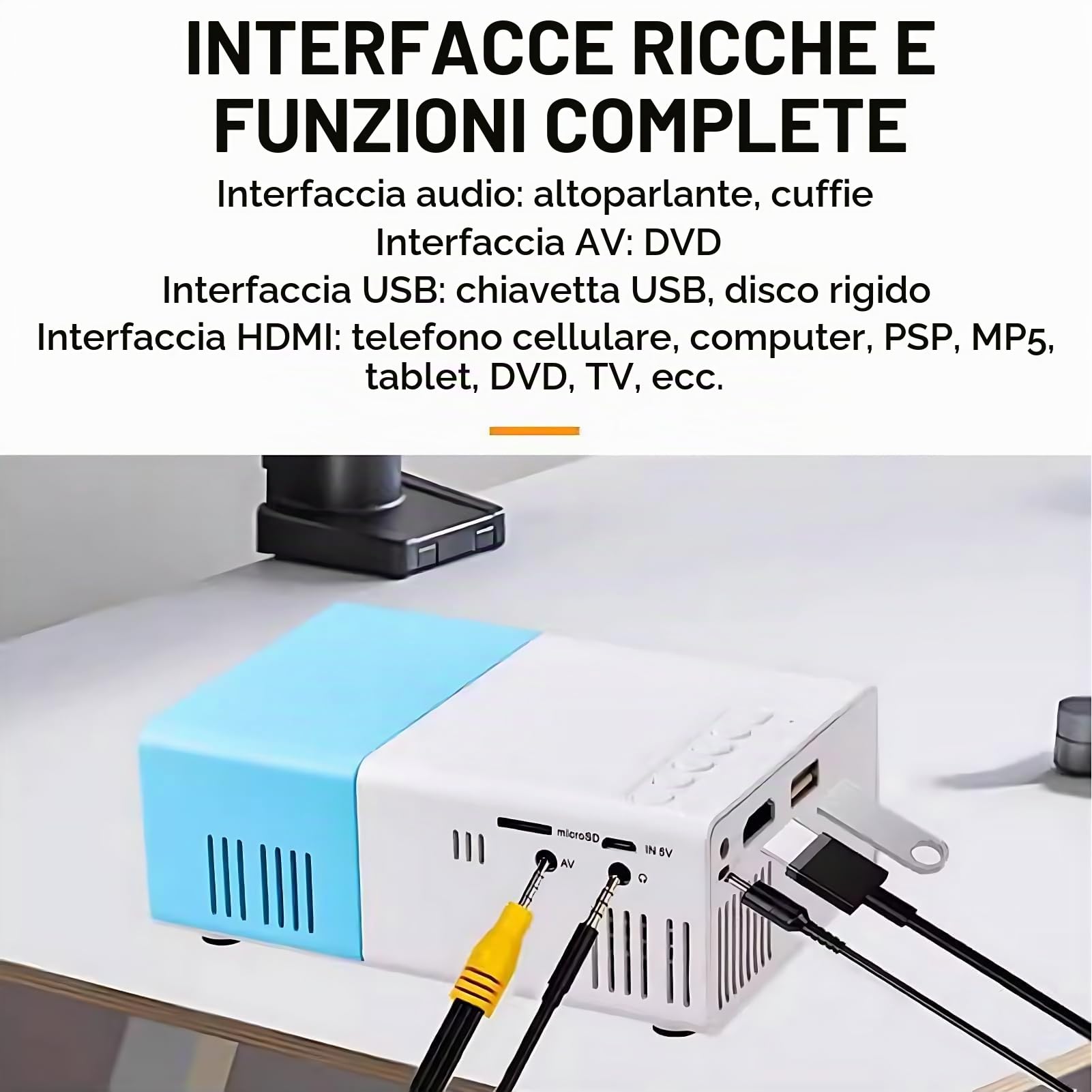 Mini Videoproiettore YG300, Mini Proiettore a LED, Lavagna Luminosa Polylux 1080P Full HD, Videoproiettore Home Theater LED Compatibile con Smartphone/tablet/laptop//TV Stick