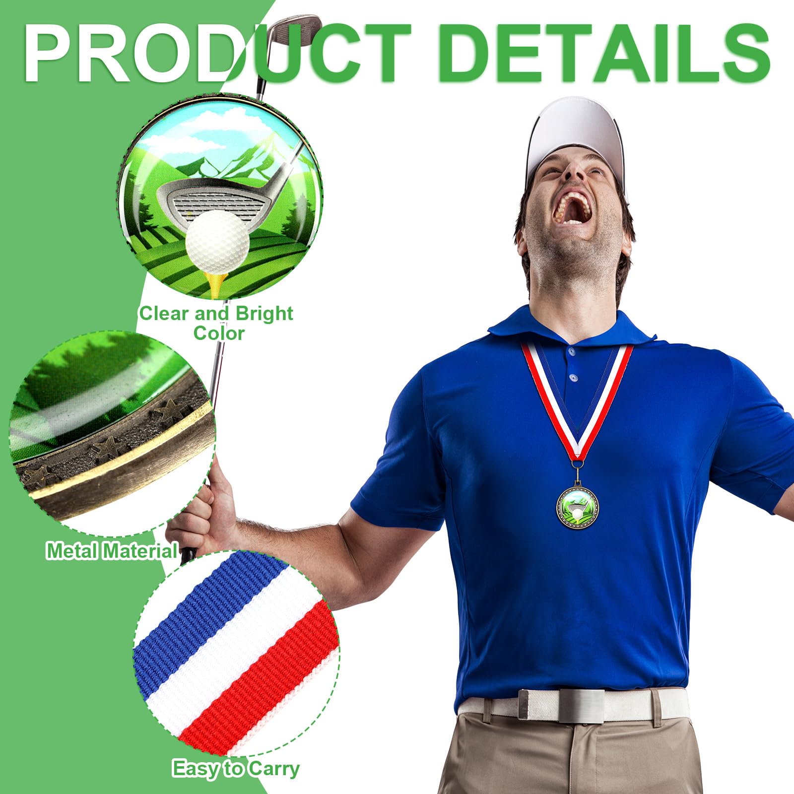 Inbagi 8 medallas de color de golf de 2 pulgadas, medalla de golf de oro con cinta de cuello roja, blanca y azul, para niños y adultos, torneo de golf