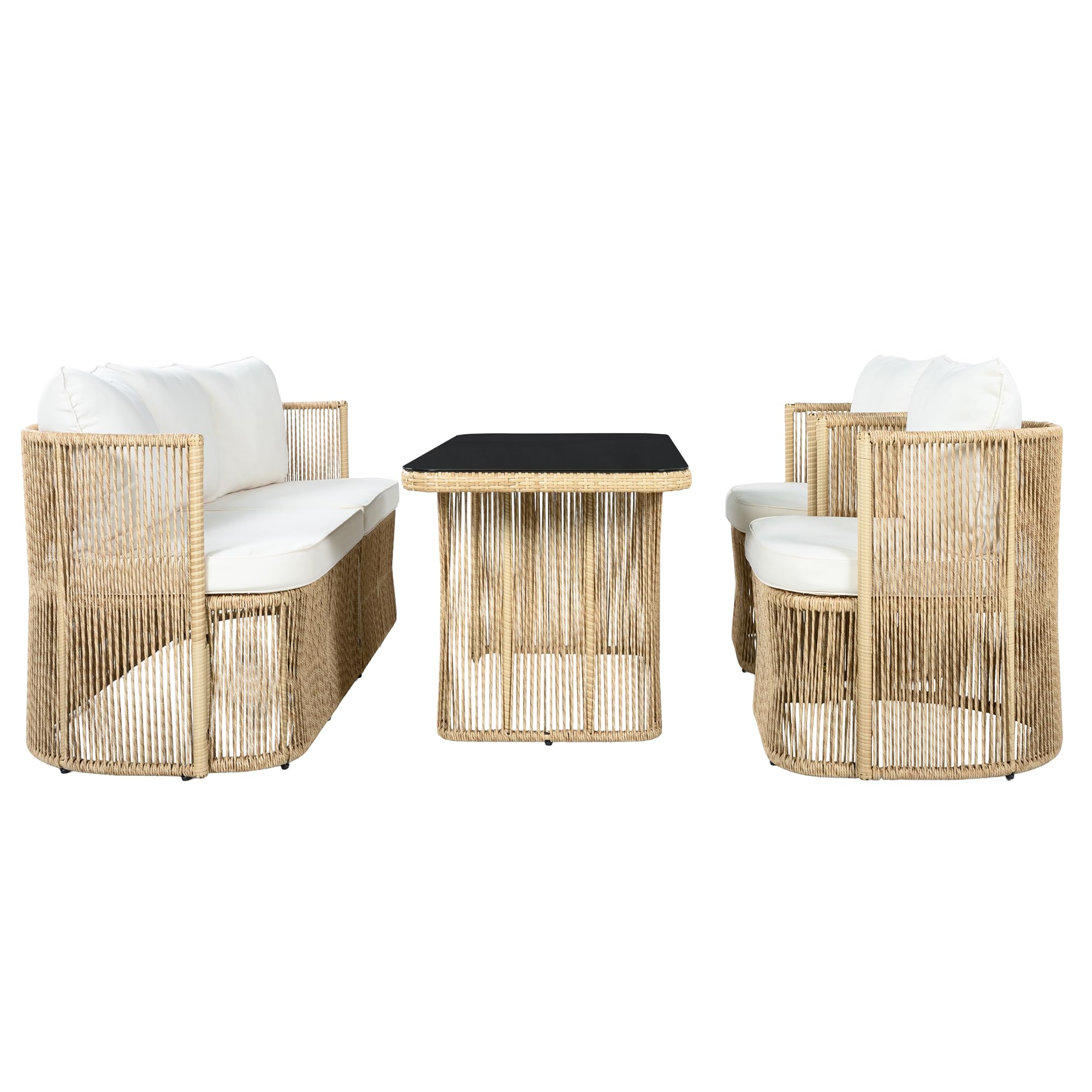 Merax PE Rattan Gartenmöbel Set, mit 3-Sitzer Sofa, 2 Sesseln und Glastisch, Outdoor Lounge Set mit 8 cm Sitzkissen, Stahlrahmen, für Terrasse und Balkon, Beige und Schwarz