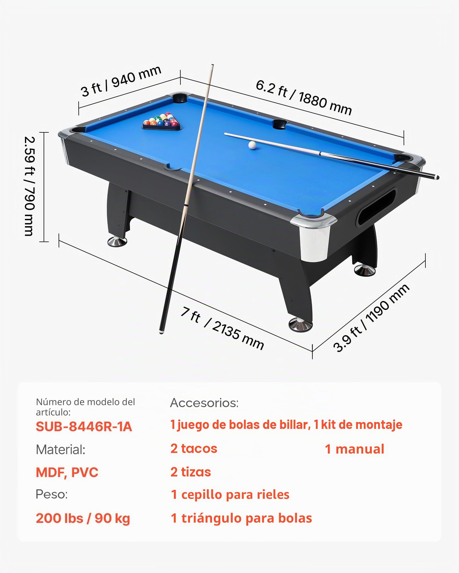VEVOR Mesa de Billar Portátil, con Patas Ajustables, MDF, Estable y con Juego de Entretenimiento Que Incluye Bola, Taco, Soporte, Tiza y Cepillo, Color Negro con Paño Azul, 2135 x 1190 x 790 mm