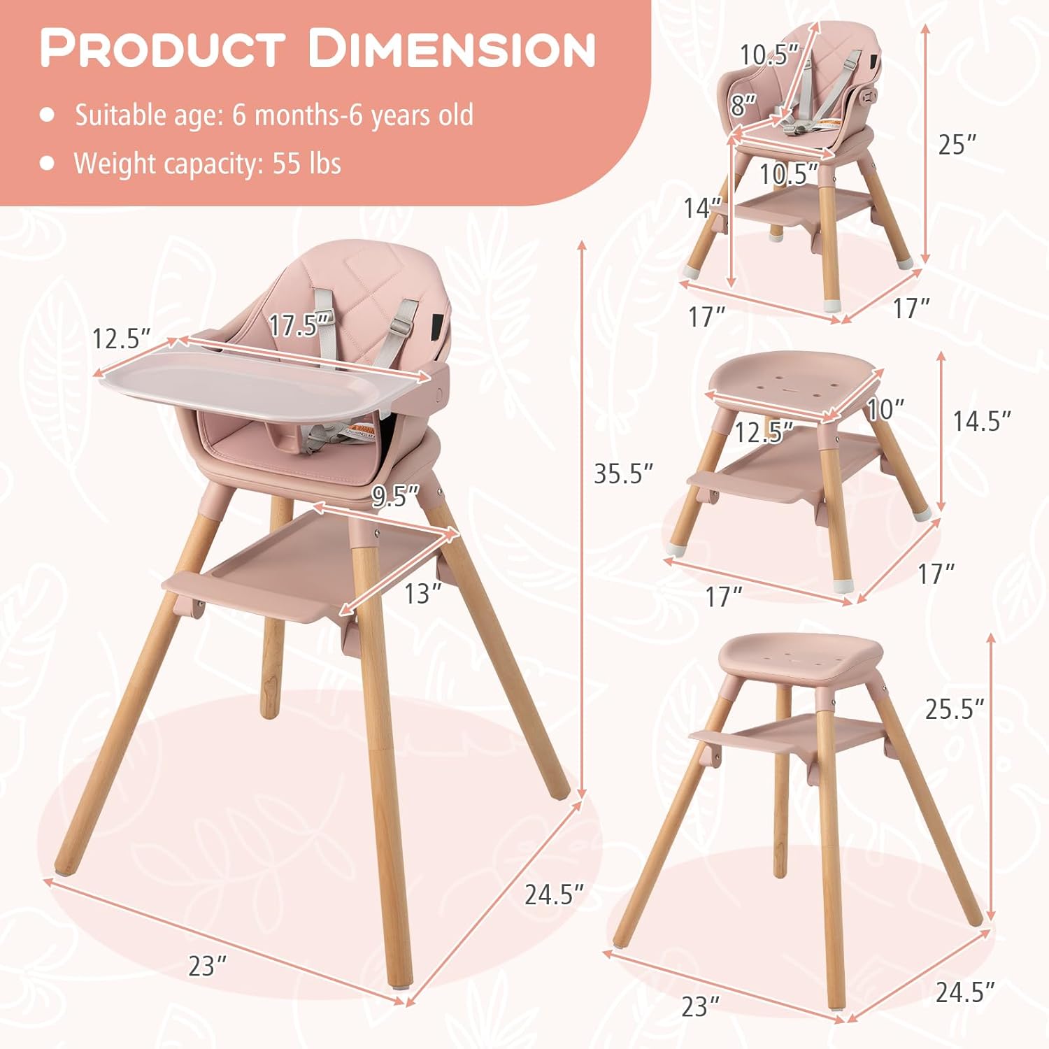 GLACER Baby High Chair, 6 in 1 Convertible Wooden Highchairs for Babies and Toddlers with Foot Rest, Removable Double Tray, Easy to Clean PU Seat Cushion, Safety Harness and Solid Wood Legs (Pink)