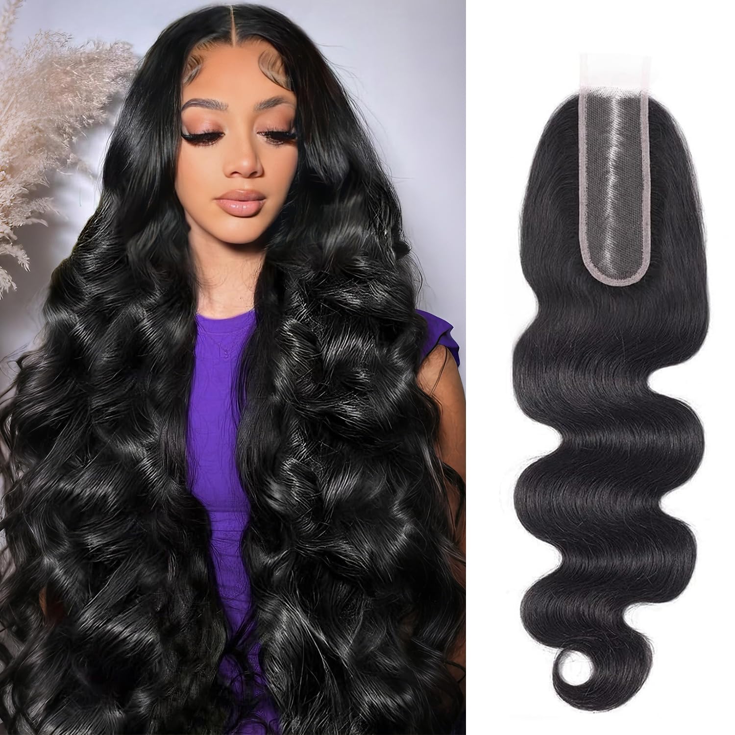 2x6 HD Lace Closure Body Wave Human Hair 100% Unprocessed Brazilian Virgin Middle Part Human Hair Transparent 2 by 6 HD Lace Closure 16Inch Kim K Closure With Baby Hair Natural Color