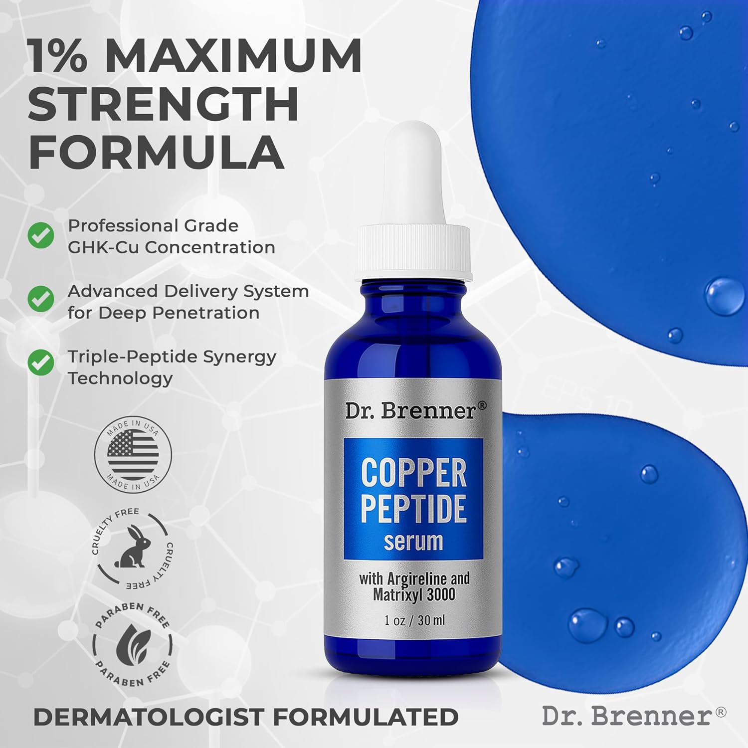 Dr. Brenner Copper Peptide Serum with GHK-Cu peptide, Argireline and Matrixyl 3000 Anti-Aging Moisturizer for Fine Lines and Skin Elasticity (1 oz.) - Image 5