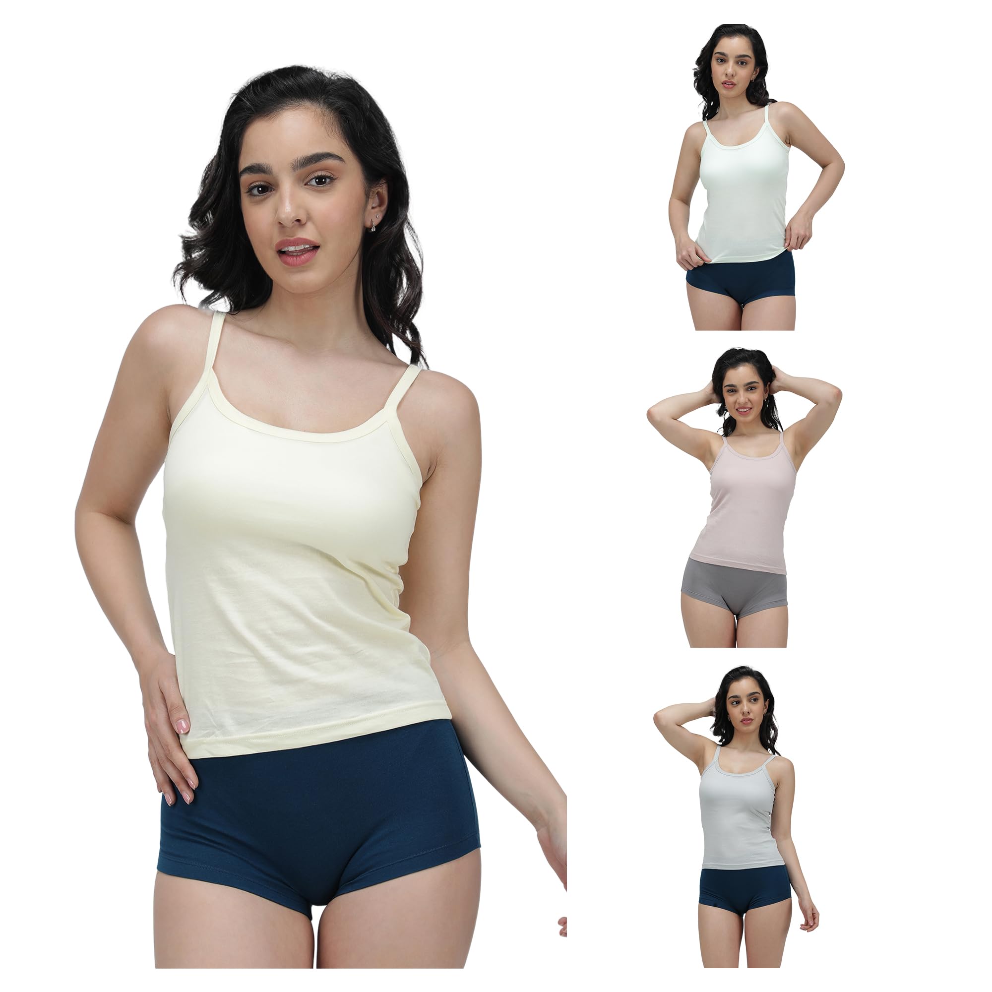 Pack of 4 Light Assorted Sleeveless Solid Cotton Short Slips Camisole for Women | Colour May Vary | Assorted Colours-image-9