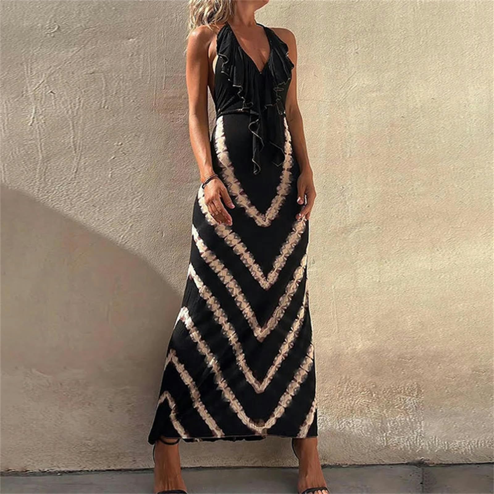Vestito Donna Abito da Festa Lungo con Volant A Pizzo Halter Estivo Magro V-Cotto Profondo V -01 Nero-m