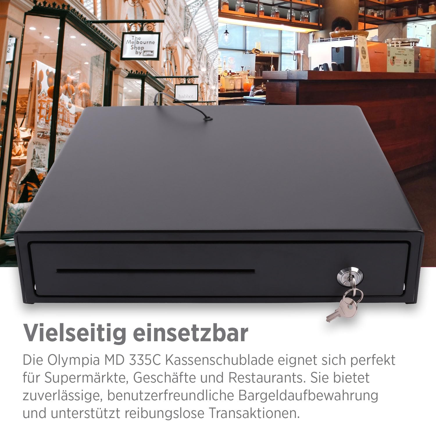 Olympia MD 335C Kassenschublade mit 4 Fächern für Banknoten und 8 für Münzen - Kassenlade mit RJ-12 12-24 Volt Anschluss unversell. Registrierkasse Solide Kassenschublade von 36,8 x 33,5 x 9,4 cm