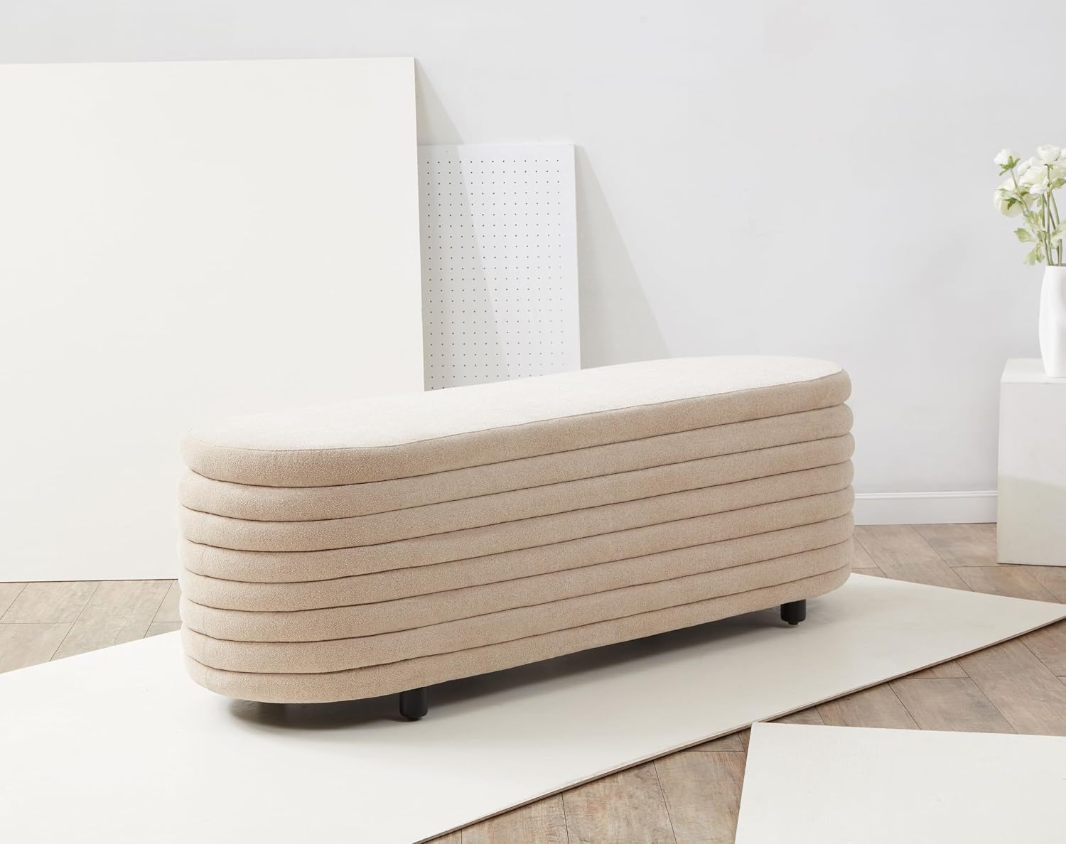 SAFAVIEH Couture Collection Jaymie Tan Boucle/Black Channel Tufted Oval Storage Bench