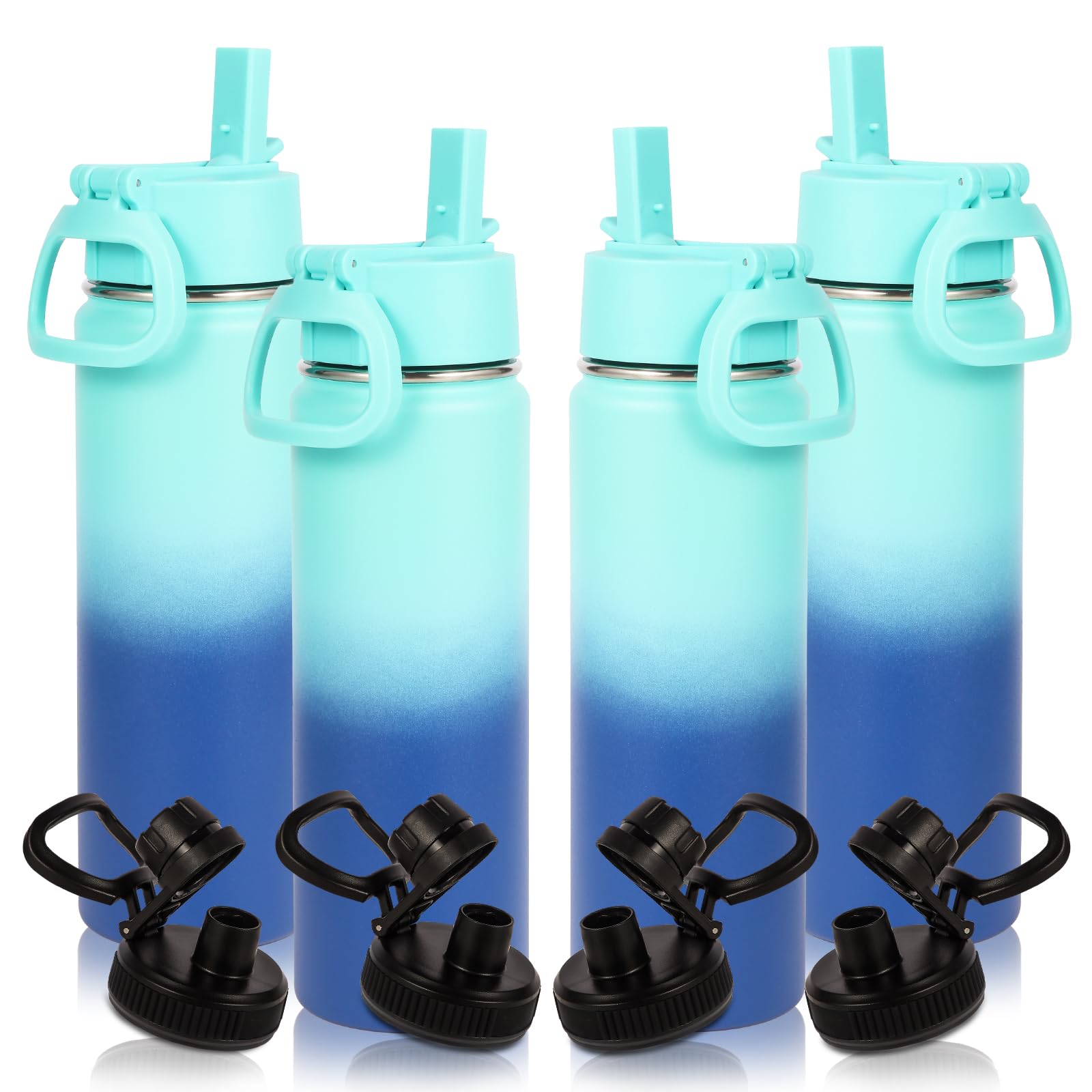 Volhoply 600ml Trinkflasche Edelstahl, vakuumisolierte doppelwandige Thermosflasche mit Strohhalm und Griff, inkl. 2 Deckeln, BPA-frei Isolierflasche für Outdoor Sport(Grün-Blau,4er-Set)