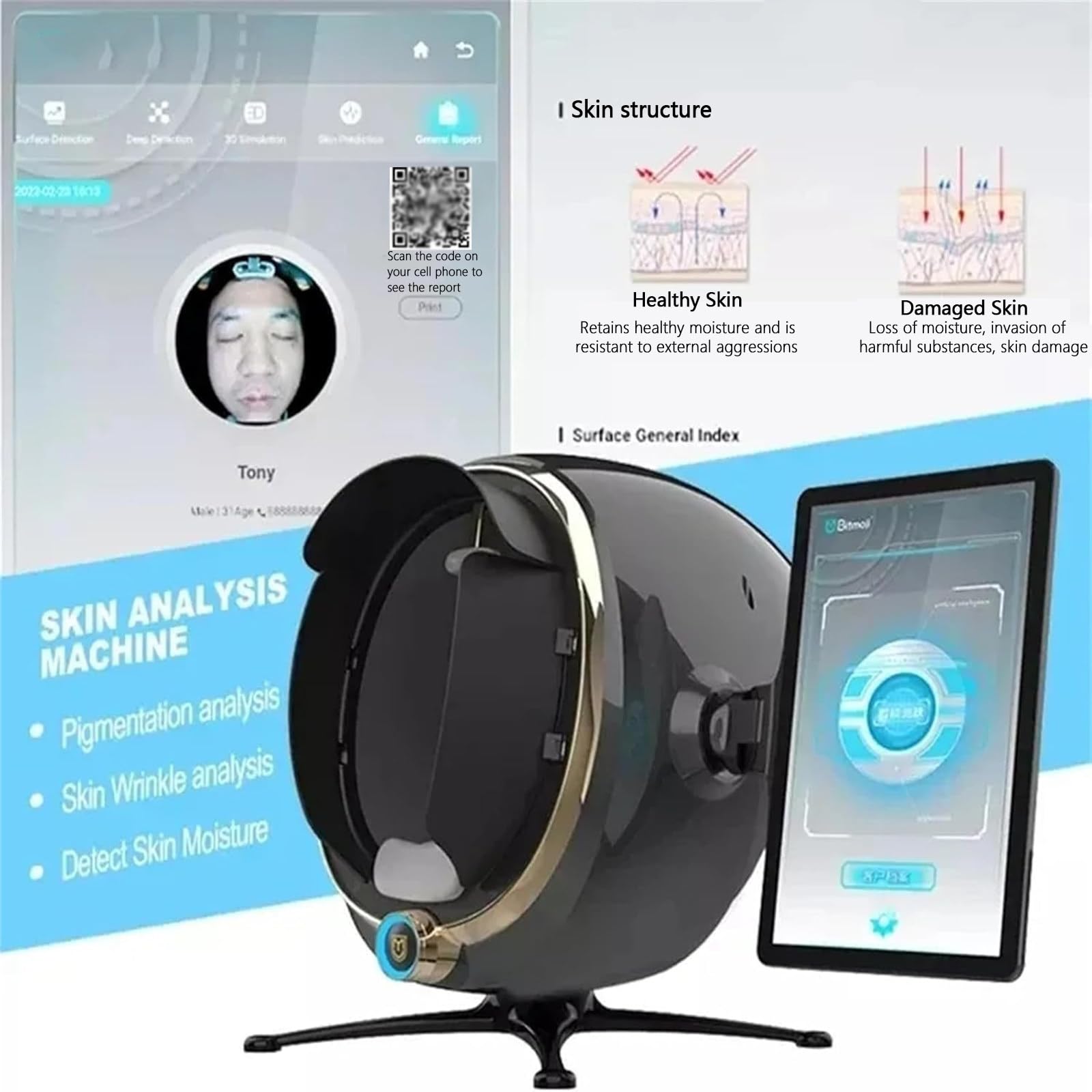 Máquina De Análisis De Piel 3D,Analizador De Humedad Facial Profesional Con 8 Espectros,5 Dimensiones Y 14 Indicadores Análisis De Datos,Almacenamiento Infinito Y Plan Recomendado,White-21.5-inch