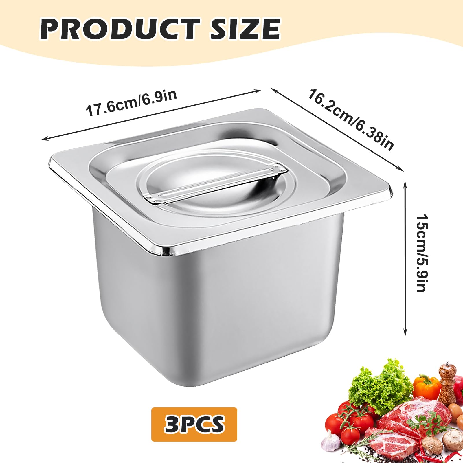 Juego de 3 recipientes GN 1/6 – Recipiente de acero inoxidable con tapa – Resistente al calor, apto para alimentos e ideal para cocina, buffet y catering