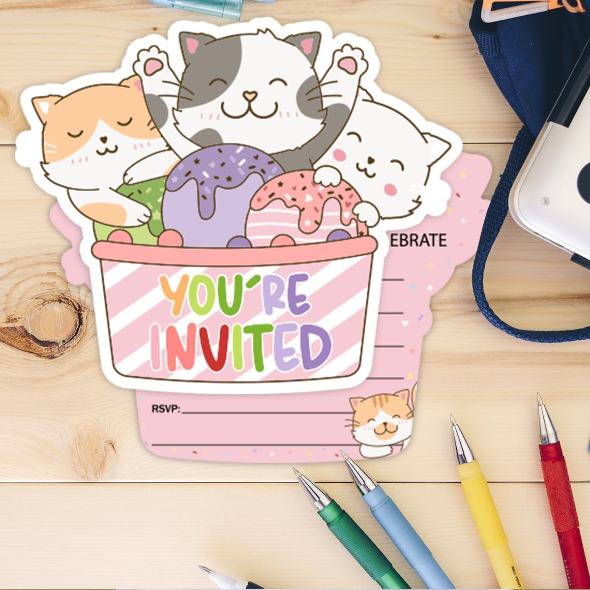 Let's Pawty Birthday Party Invitations, Cats Donut Party Invitations Card for Boys Girls (30 Cards & 30 Envelopes)