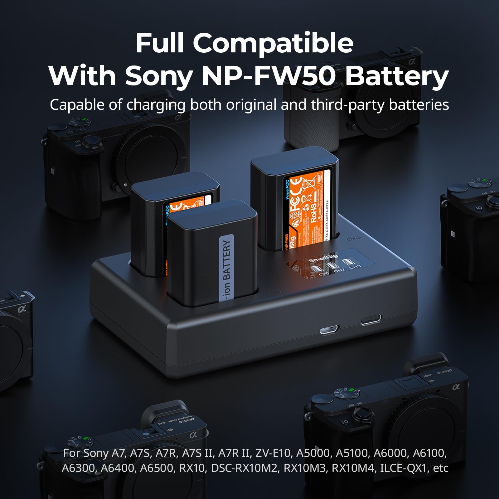 SMALLRIG Kit de Batterie NP-FW50 pour appareils Photo Sony, Chargeur LCD Triple Emplacement avec 3 Batteries 1030 mAh, décodage Complet pour Sony A6000, A6100, A6300, A6400, ZV-E10, A7, A7S - 6019