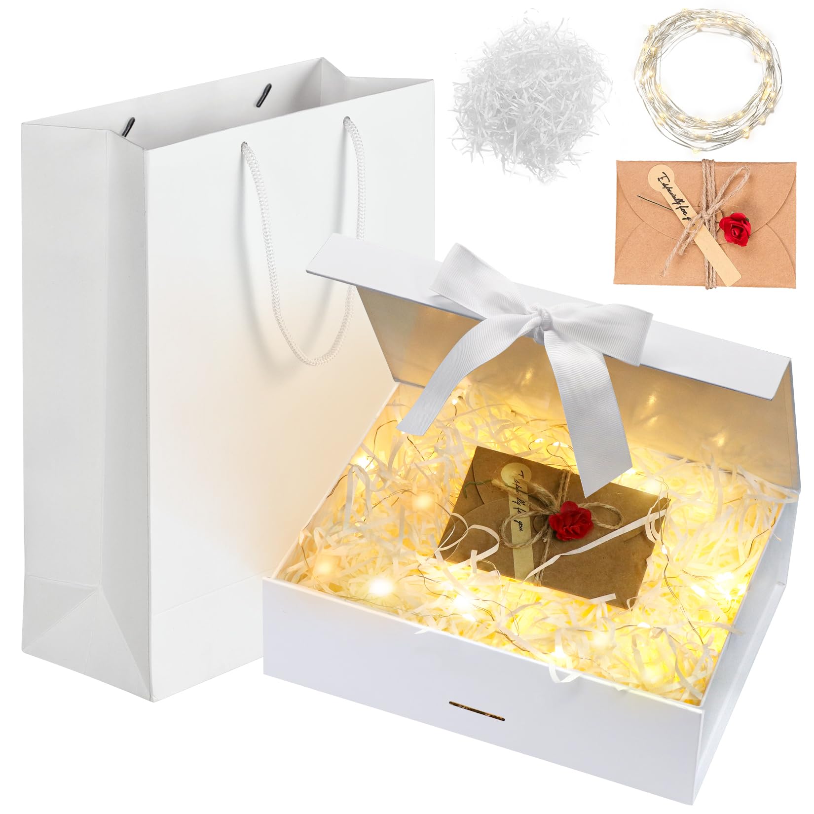 Idota Caja de Regalo para Bodas, Cumpleaños, Navidad y Aniversario - Blancas con Lazo y Rafia - Includes Tarjetas de Felicitación