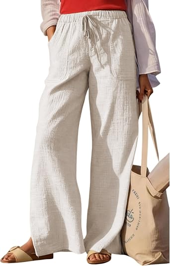 Womens High Waisted Wide Leg Pants Cotton Casual Drawstring Lounge Bottoms Loose Fit Comfy Summer Beach Vacation