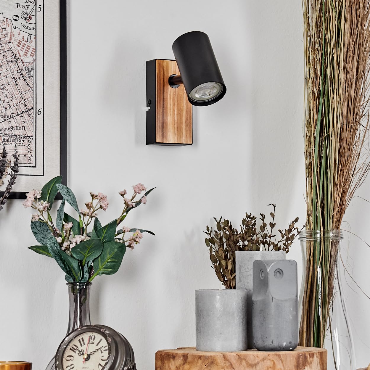 HOFSTEIN lampada da parete Gesteira, in metallo effetto legno/nero, dal design moderno con paralume regolabile (Ø 5,5 cm), GU10, soggiorno, camera letto, cucina, corridoio, scala