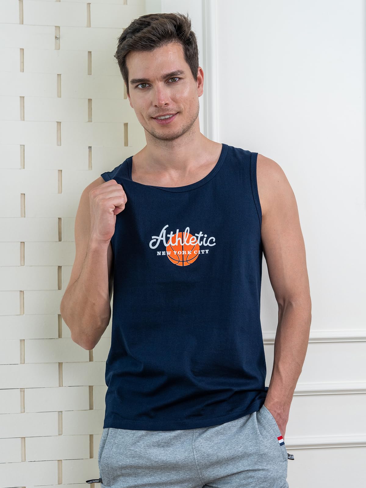 Lux Cozi Męski tank top z bawełny, normalny krój, z nadrukiem, okrągły dekolt, tang top