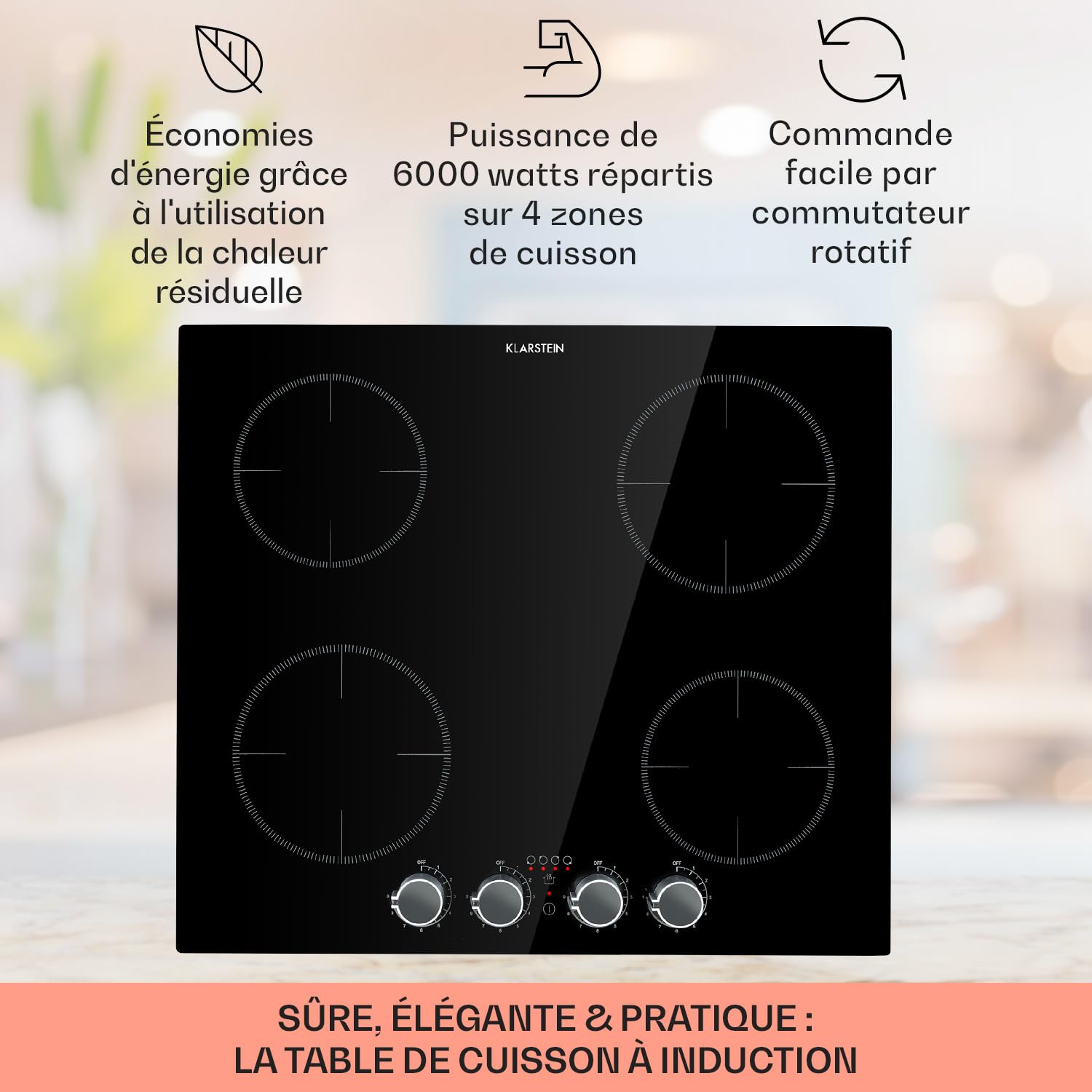 Klarstein Plaque Induction Encastrable de 6000W, Table de Cuisson Induction, Plaque 4 Feux, de Cuisson avec Sécurité, Tables de Electrique 4 Foyers, Plaques