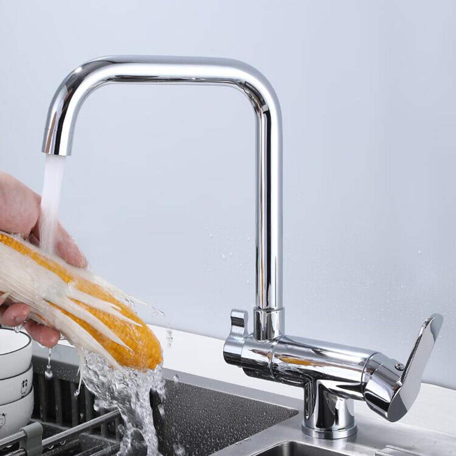 Grifo Cocina 3 Vias Osmosis Abatible, Grifo de Cocina para Ventana Plegable Giratorio de 360° Agua Purificada Agua Fría y Caliente Latón Grifos Fregadero Cocina-Cromo