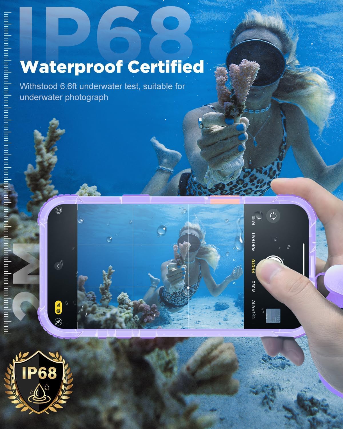 for iPhone 17 Waterproof Case Magnetic, Built in Camera Control [Screen Protector] [Lanyard], Fit for Magsafe Heavy Duty Military Rugged Full Body IP68 Phone Case, 6.3" Frosted Purple - Image 3