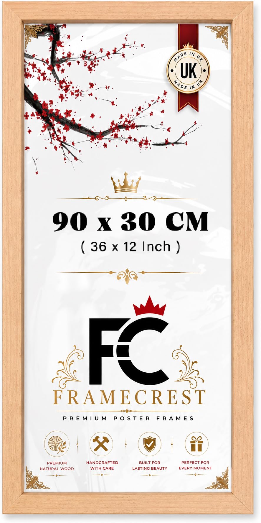 FRAMECREST LTD 30 X 90 CM Poster Frame — Panoramic Wall Mounted Poster, Minimalist Picture Frame For Living Room And Office, Gallery | 36 X 12 Inch Landscape Photo Display — [Beech]