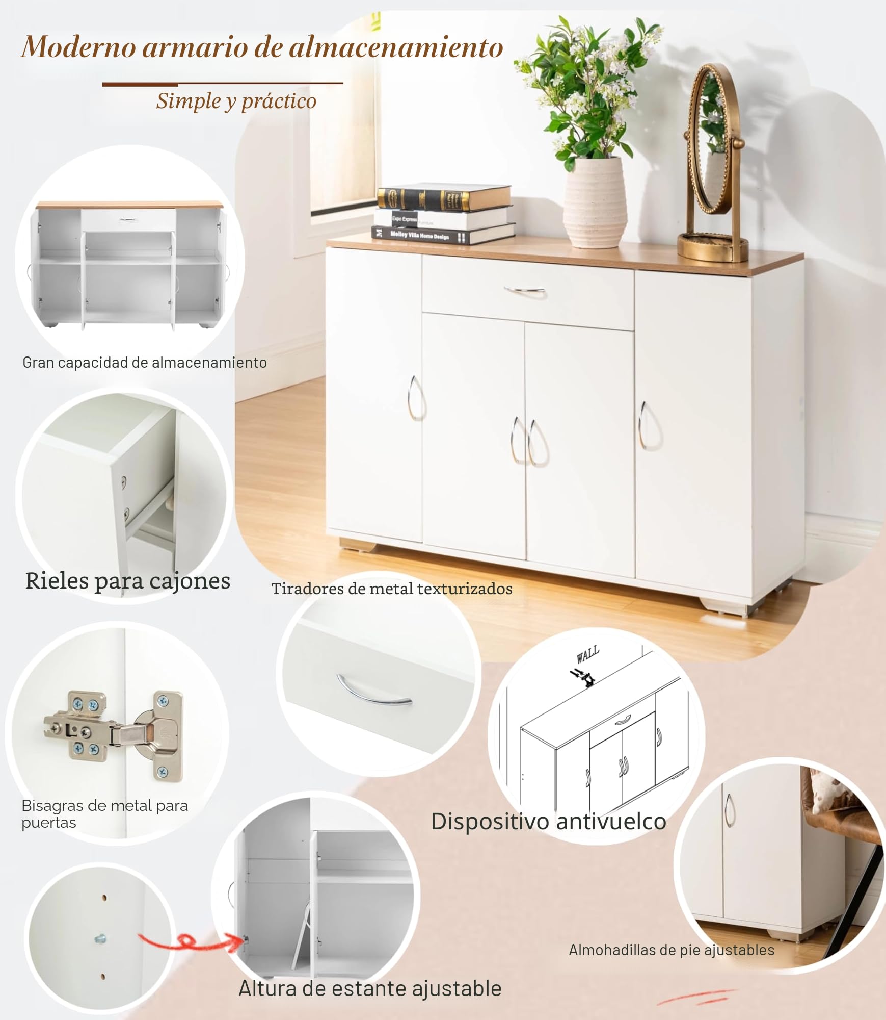 Mueble de almacenamiento, aparador de cocina, almacenamiento, mueble de entrada, con estantes ajustables, apto para cocina, comedor, salón, dormitorio (natural, 110 x 30 x 70 cm)