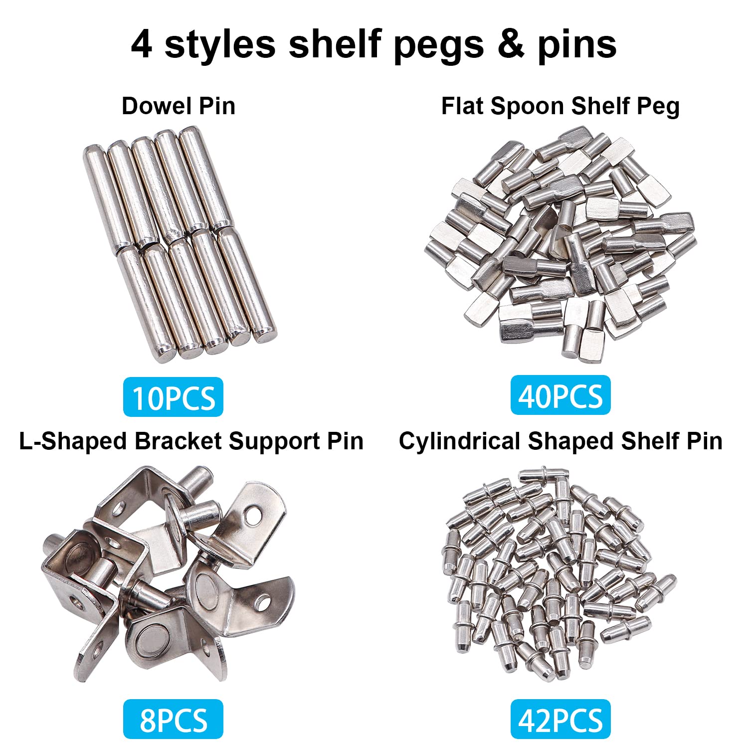 100PCS 4 Styles Shelf Pins Kit - Nickel Plated Shelf Bracket Pegs & Shelf Support Pins,Dowel Pin and Shelf Holders for Shelves Cabinet Furniture Closet etc — Amazon image 4