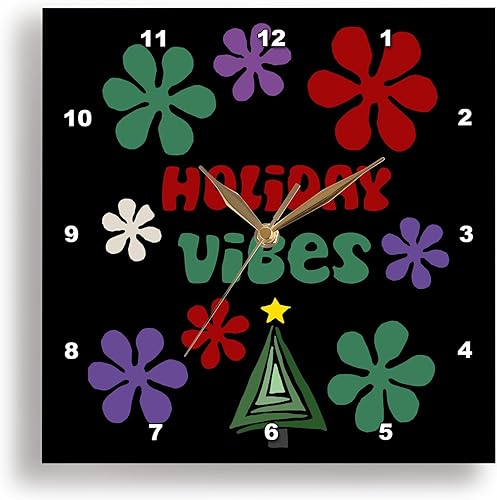 3dRose Wall Clock Silent - 15 inch - Funny Cute Holiday Vibes Retro Merry Christmas with Groovy Flowers - Christmas