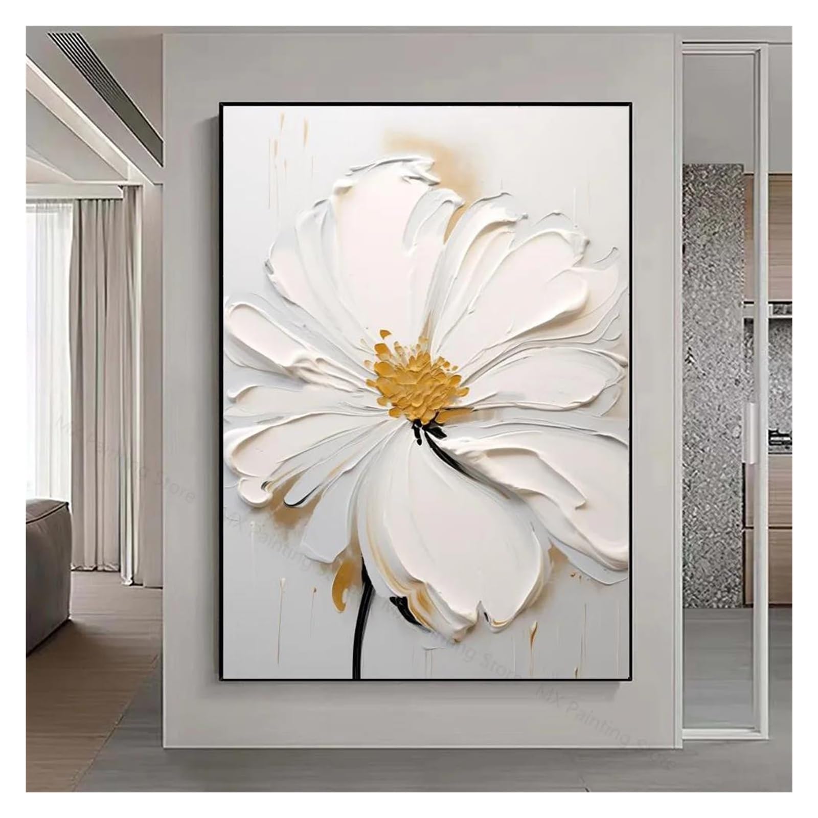 Byambd C Aestheti Pictures White Flower Oil Painting On Anvas Poster No Frame Abstract Textured Flowers Painting,Living Room Wall Art Decor(,60X90cm)