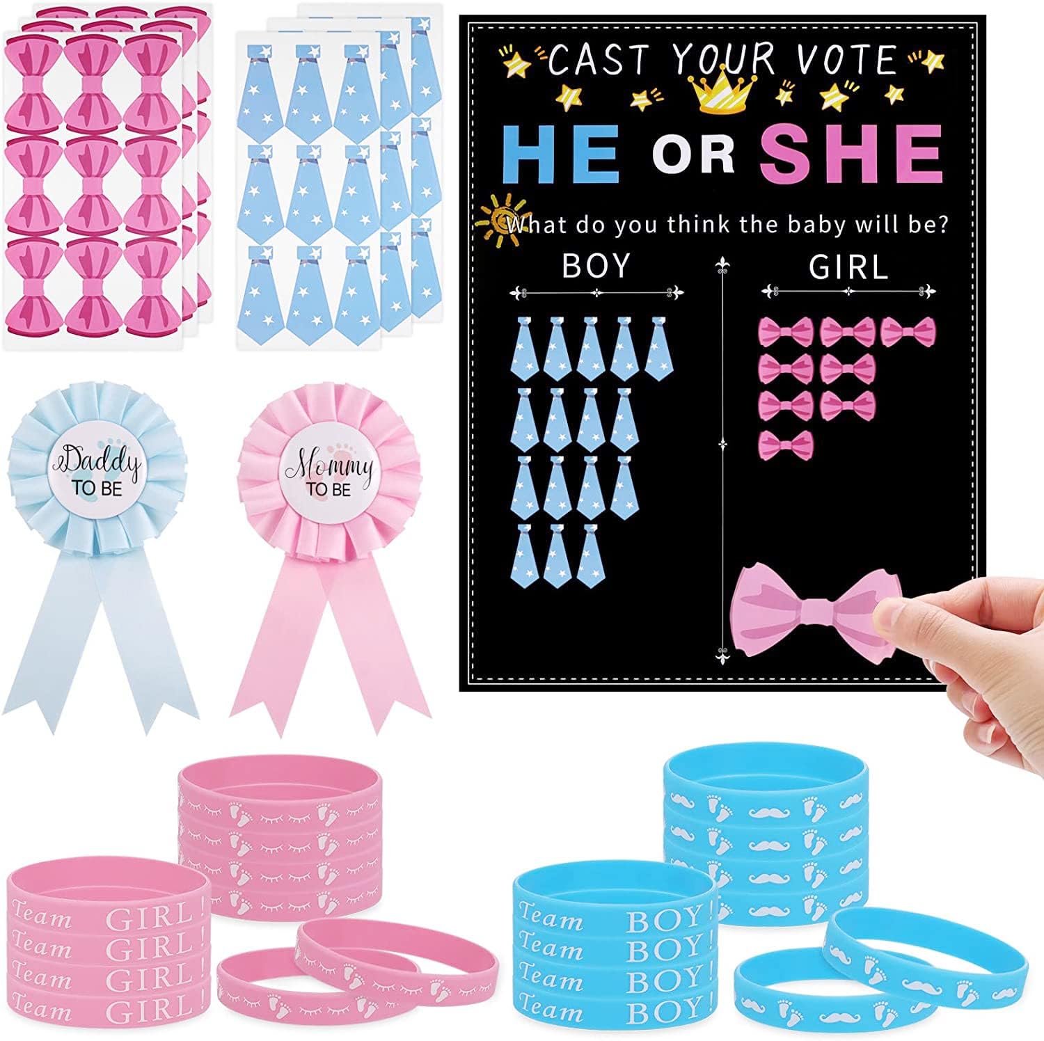 Zocipro Gender Reveal Decoration, 77Pcs Boy or Girl Voting Game Gender Reveal Games, Gender Reveal Stickers Bracelets for Gender Reveal Guess Game Party Decoration