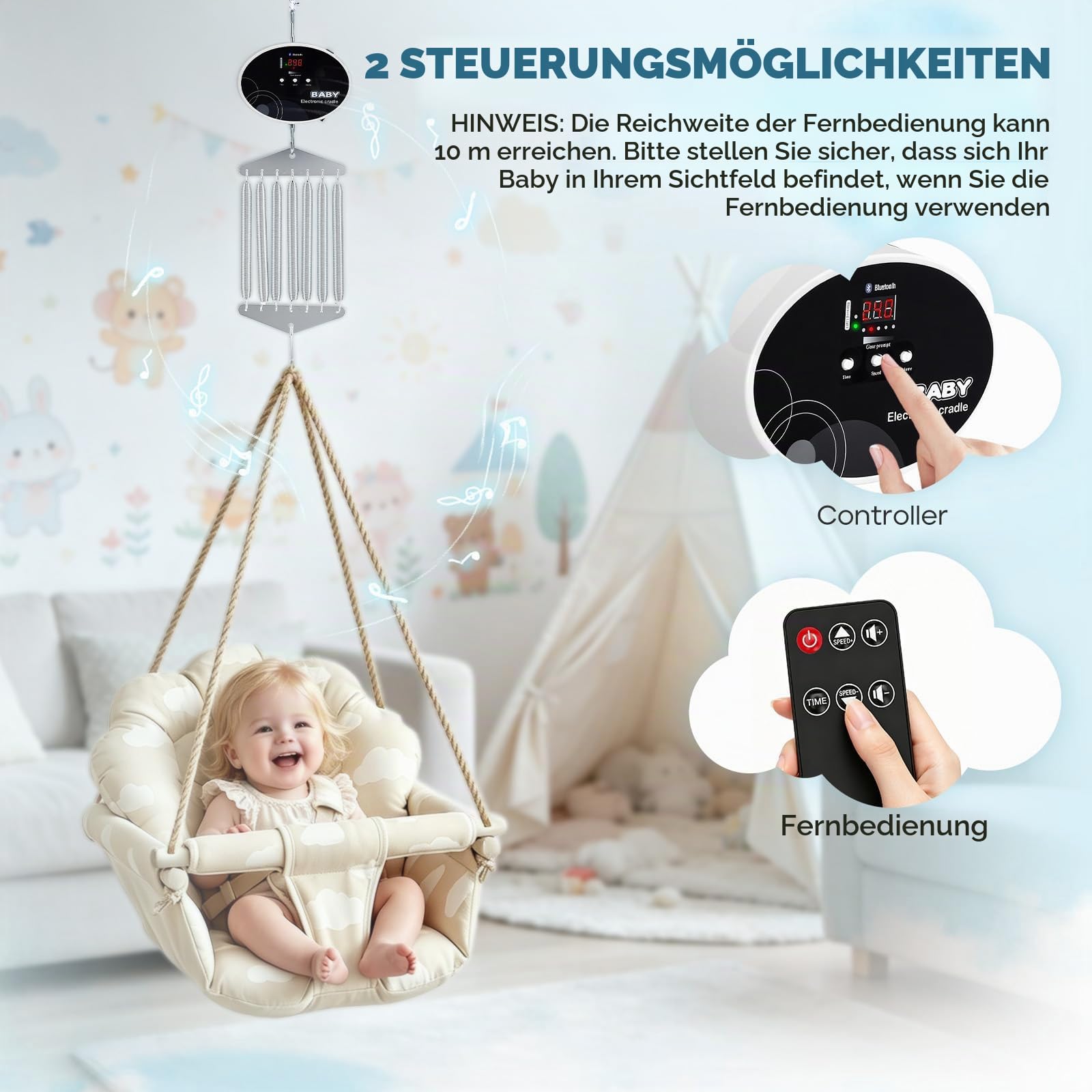 Hängende Elektrische Babyschaukel Steuerung für Neugeborenes, Federwiege Motor Belastbarkeit 20 kg mit Fernbedienung, Babyschaukel Controller mit Timer und Musik, Geschwindigkeit Einstellbar (Schwarz)