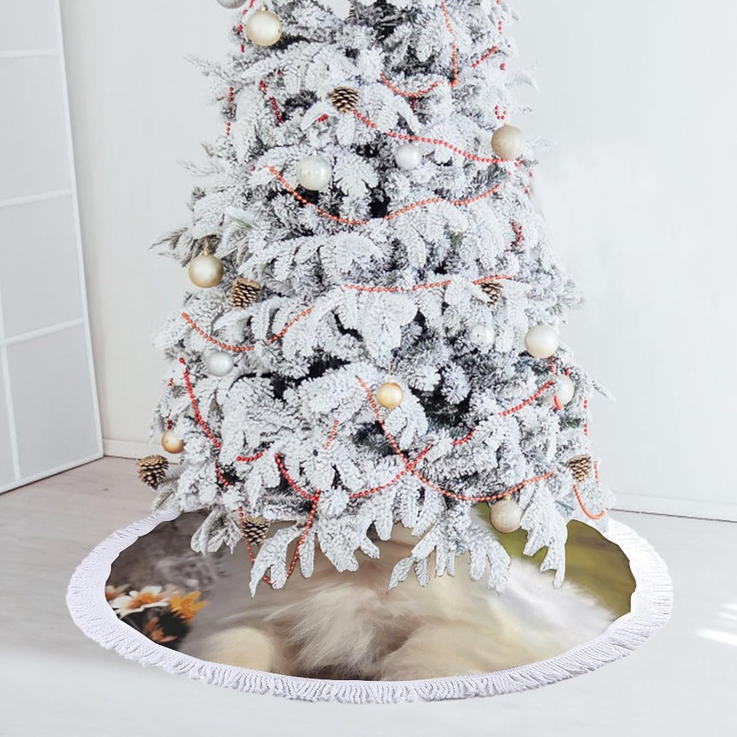 Christmas Tree Skirt Xmas Tree Skirt Decor Mats Cute Dog Printed Christmas Decorations for Xmas Holiday Indoor Party Outdoor Decorations with Tassels