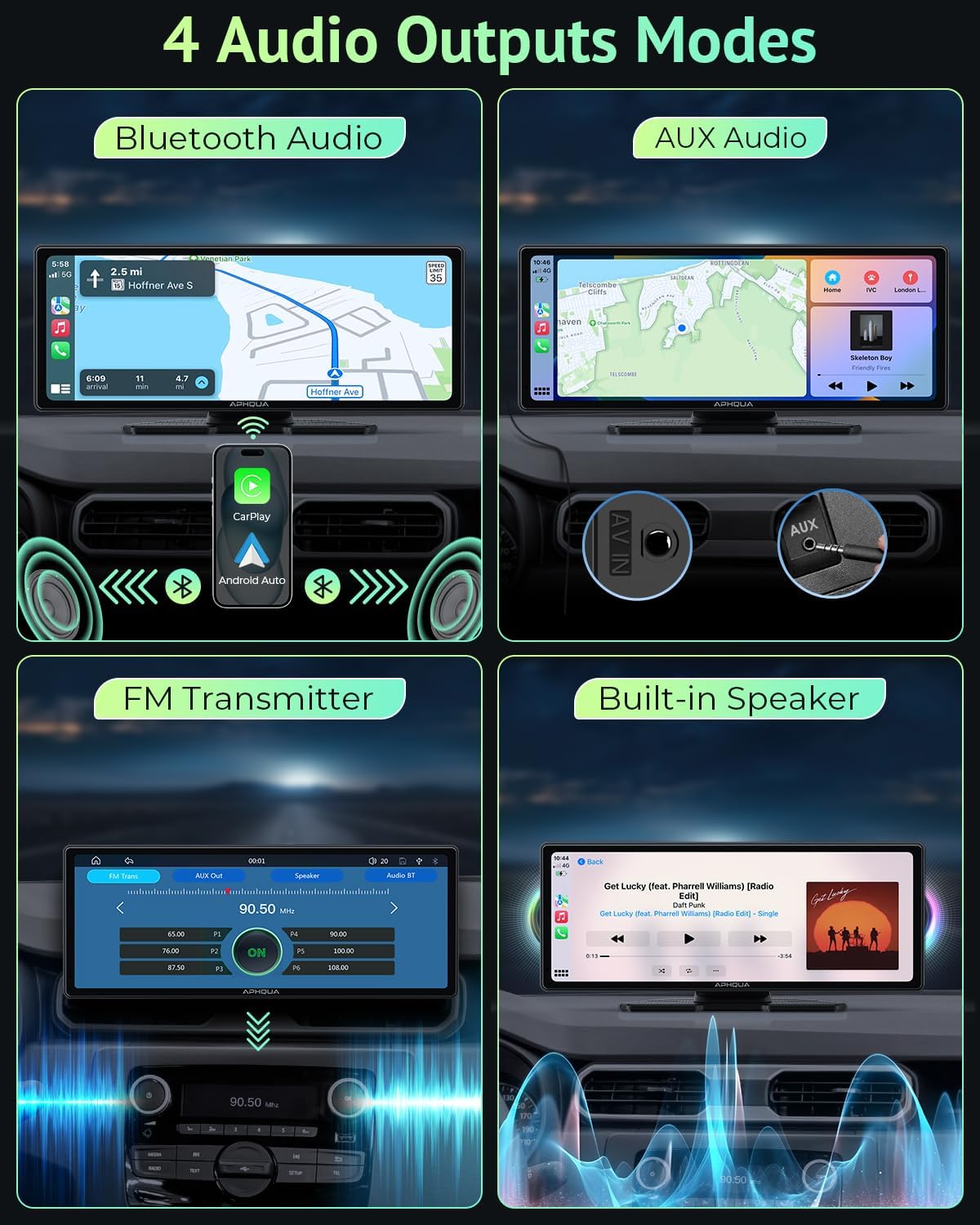Image showing video playback and phone mirroring capabilities of the APHQUA A96, with icons for TikTok and YouTube.