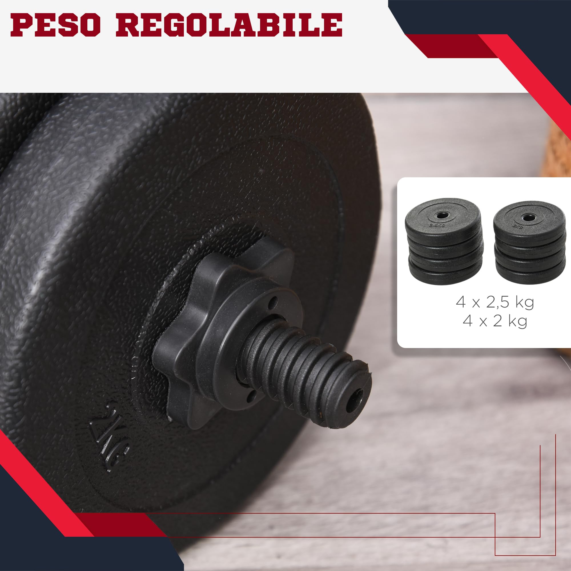HOMCOM Set Manubri Palestra 20kg (4x2.5kg, 4x2kg), Pesi Palestra con 8 Dischi da 2kg, 2.5kg, Ø25mm, per Allenamento a Casa