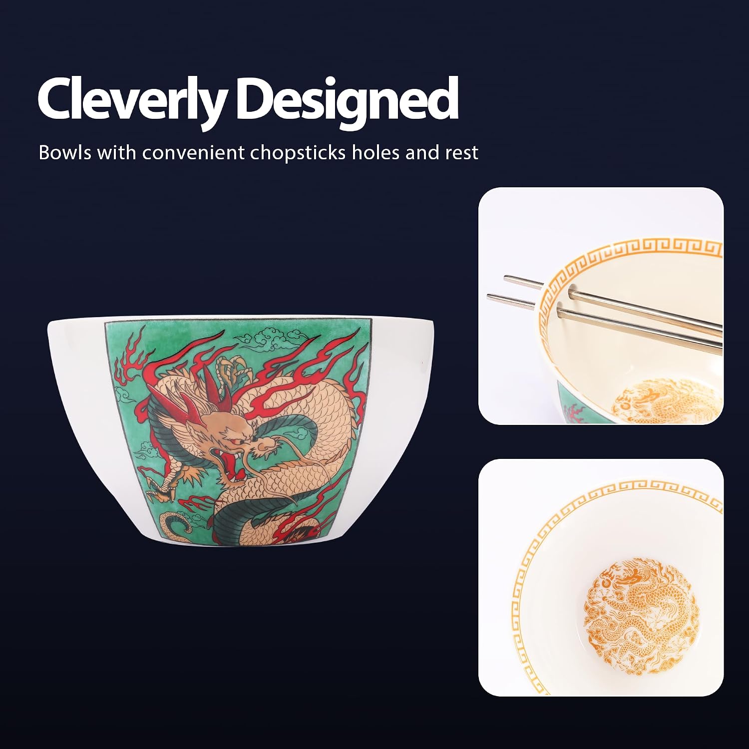 Hagary Dragon Ramen Bowl Ceramic Bowl Japanese Style Udon Miso Noodle Rice Soup Bowls with Stainless Steel Chopsticks Housewarming Wedding Gifts Designed in Korea (Gold, 20 oz) image 4