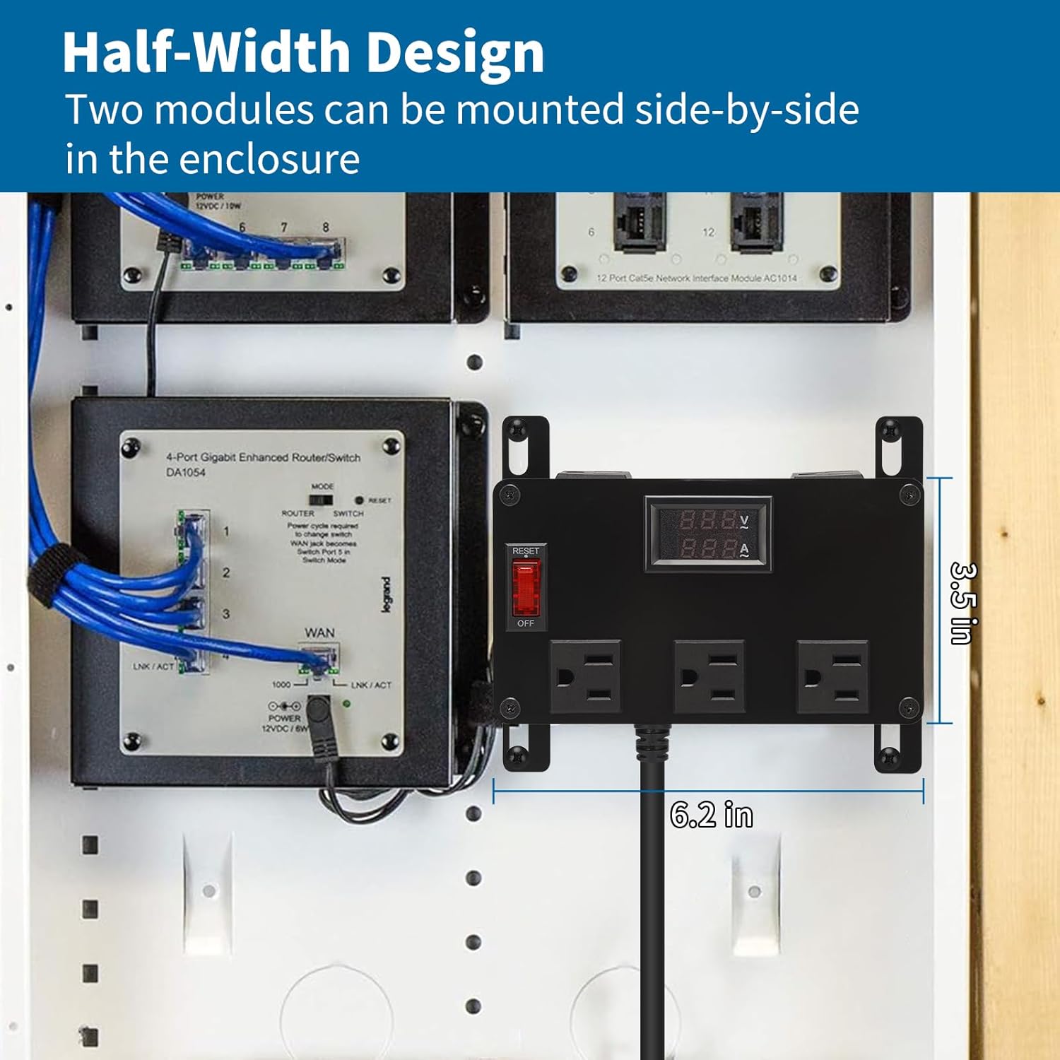 Media Cabinet Power Strip, 5 Outlets, Half Width, Compatible with On-Q Media Cabinets, 3 IEC C13 Adapters, 1 IEC C7 Adapter, AC1031